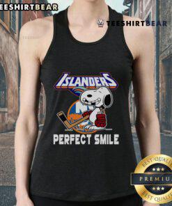 Premium NHL New York Islanders Snoopy Perfect Smile tank top featuring Peanuts Movie design for hockey fans.
