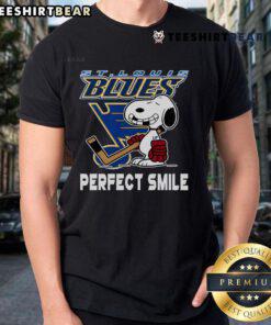 St. Louis Blues Snoopy t-shirt with a perfect smile, inspired by The Peanuts Movie, perfect for hockey fans.