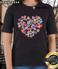 Pretty Valentine's Day heart conversation candy design on a sweetheart ladies tee for festive celebrations.