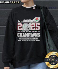Ohio State Buckeyes skyline sweatshirt celebrating 2025 Rose Bowl Game champions, featuring iconic team colors and logo.