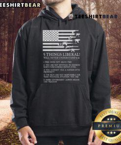 Top 5 Things Liberals Will Never Understand hoodie design featuring bold text and vibrant colors for a statement look.