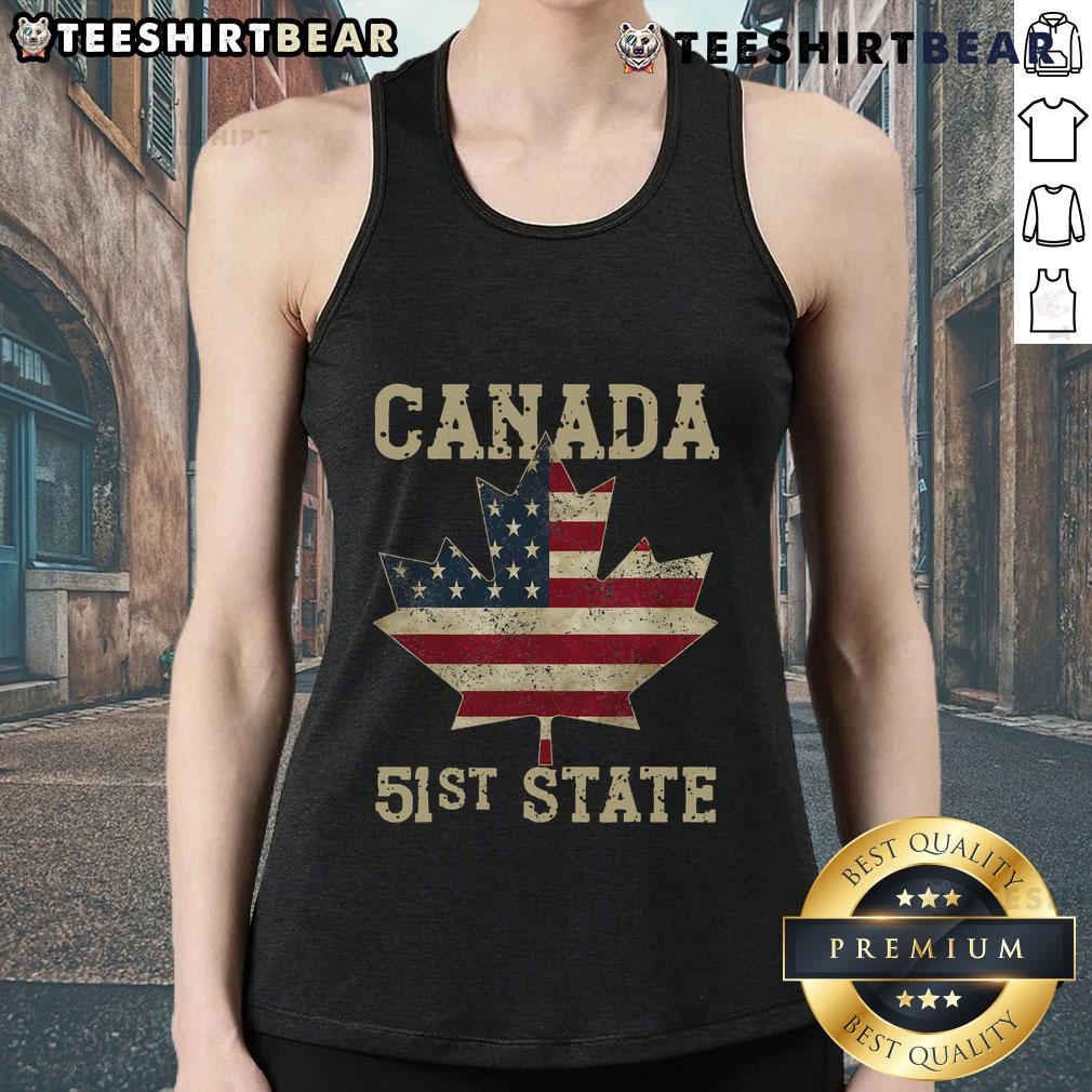 Vintage tank top featuring the American flag and 'Top 51st State Canada' design for patriotic fashion enthusiasts.