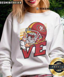 Cozy Top Love San Francisco 49ers football helmet sweatshirt in red and gold, perfect for game day attire.