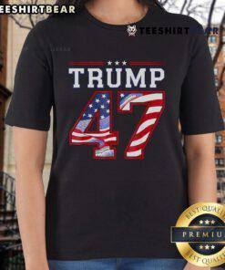 Donald Trump Inauguration Day 2025 ladies tee featuring the USA flag, celebrating patriotism and presidential history.