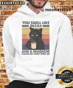 Cozy coffee cat hoodie with 'You Smell Like Drama And A Headache' design, perfect for cat lovers and coffee enthusiasts.