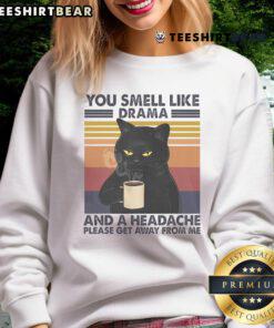 Cozy coffee cat sweatshirt with 'You Smell Like Drama And A Headache' print, perfect for casual wear and cat lovers.
