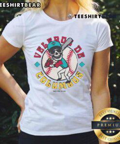 Columbus Clippers skeleton design on a ladies' tee featuring Veleros Guy batting, showcasing team spirit and style.