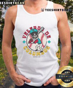 Columbus Clippers skeleton fan in a Veleros tank top, showcasing team spirit while batting at a baseball game.