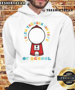 Child wearing an Awesome I Blew Through 100 Days of School hoodie next to a colorful gumball machine for 100th day celebration.