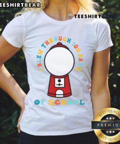Colorful ladies tee celebrating 100 days of school with a gumball machine graphic for the 100th Day event.