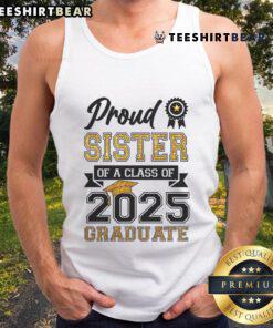 Awesome proud sister wearing a Class of 2025 graduate tank top, celebrating her sibling's graduation achievement.