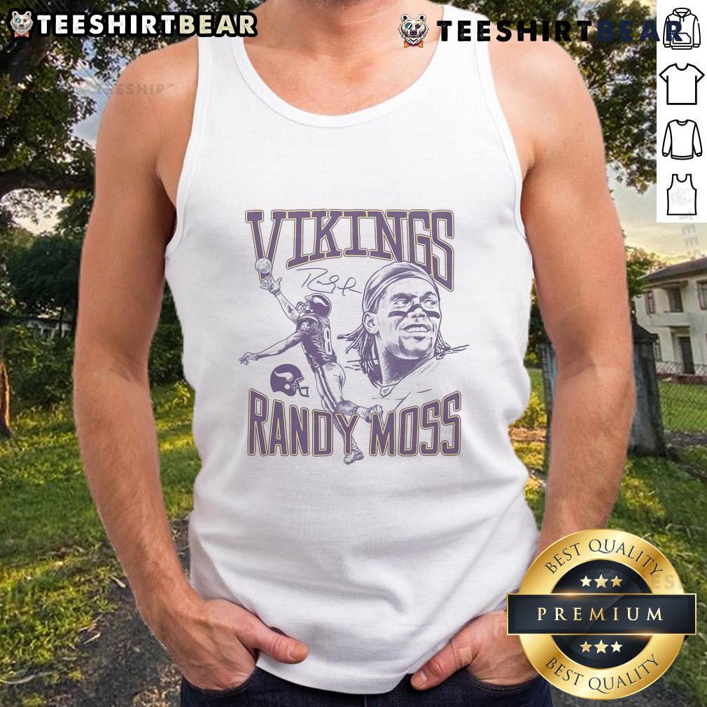 Alt Text: Awesome Vikings Randy Moss signature portrait tank top featuring bold graphics and vibrant colors for fans.