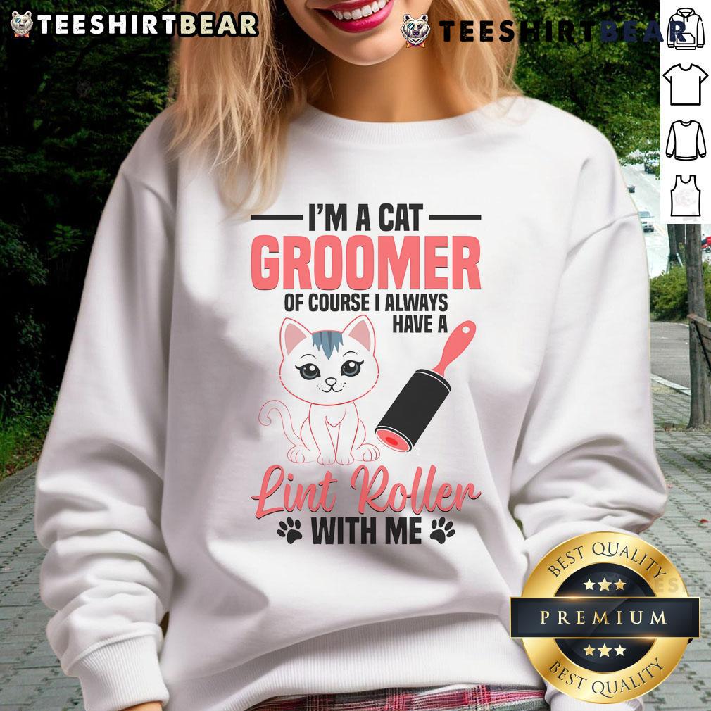Cute cat groomer in a stylish sweatshirt, grooming a fluffy kitten, showcasing pet washing and styling skills.