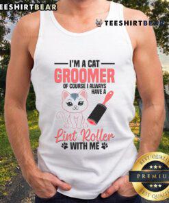 Cute cat groomer wearing a tank top, grooming a kitten in a pet washing station, showcasing cat stylist skills.