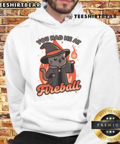 Cute cat wearing a magical fireball hoodie, showcasing the playful design of the 'You Had Me At Fireball' apparel.