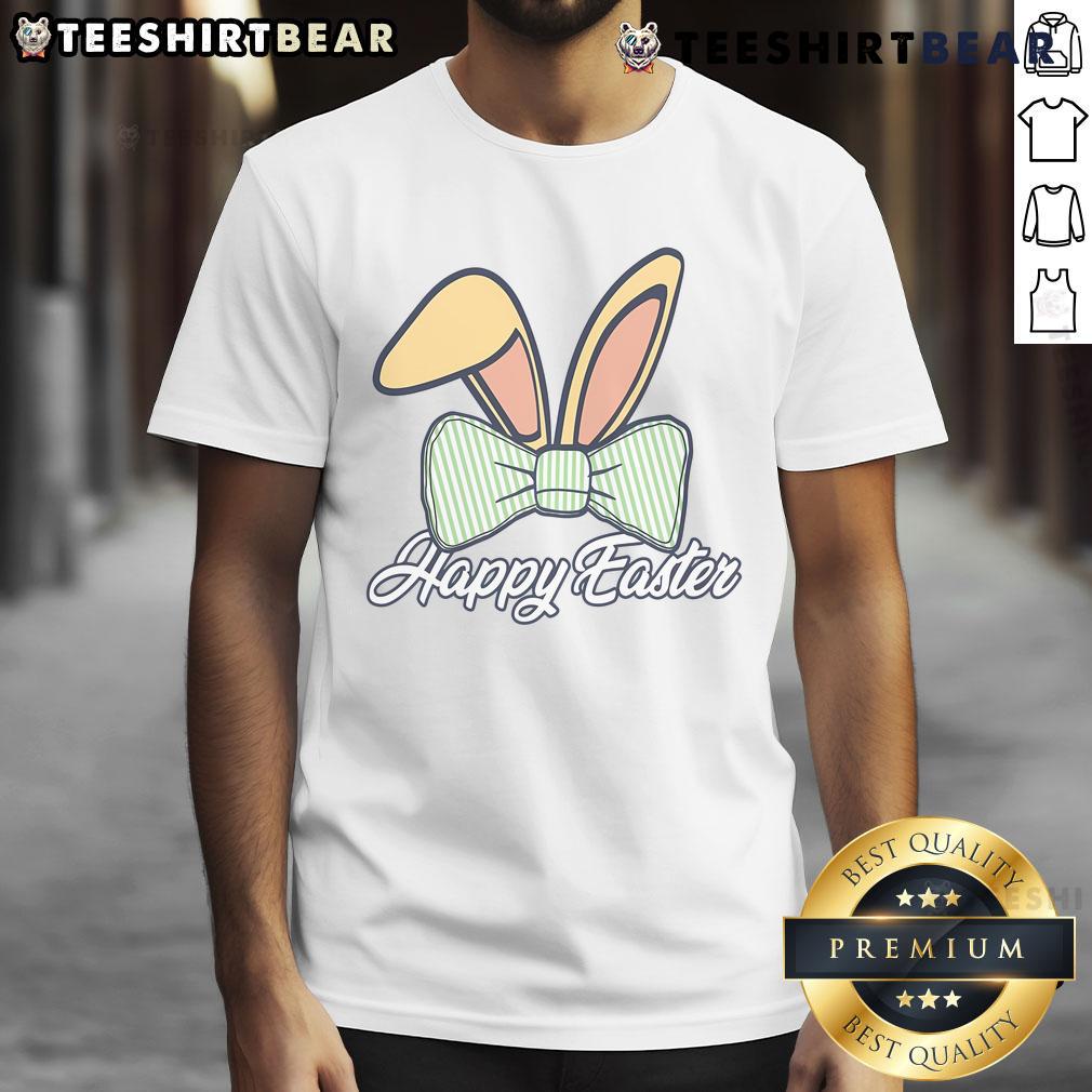 Alt Text: Cute Happy Easter Bunny Ear Ribbon T-Shirt featuring a playful bunny design perfect for spring celebrations.