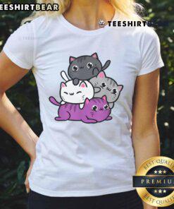 Cute kawaii cat pile graphic on asexual ladies tee, showcasing playful cats in vibrant colors for a fun fashion statement.