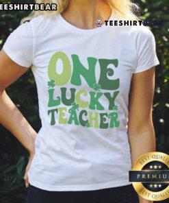 Cute One Lucky Teacher St. Patrick's Day ladies tee featuring a festive design perfect for celebrating the holiday.