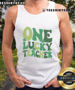 Adorable 'One Lucky Teacher' St. Patrick's Day tank top featuring festive green design and shamrocks, perfect for celebrations.