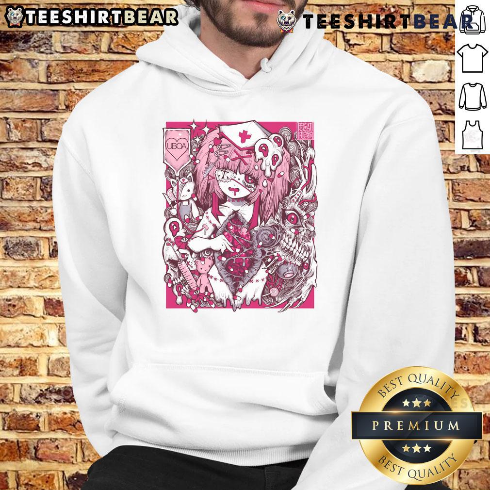 Adorable UBOA nurse hoodie against the Great Wall, featuring a vibrant static design for neurodivergent pride.