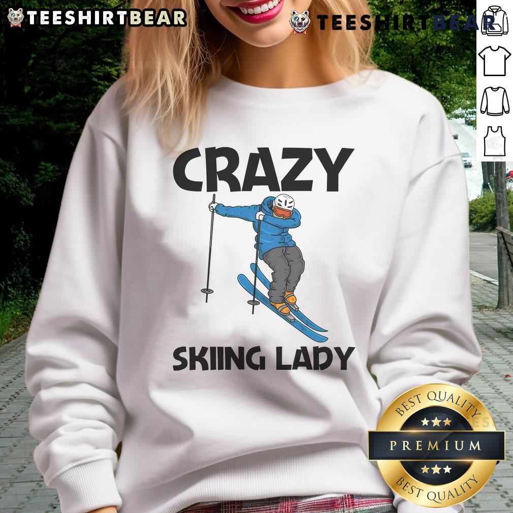 Funny crazy skiing lady sweatshirt design featuring a playful skier in vibrant colors, perfect for winter sports enthusiasts.