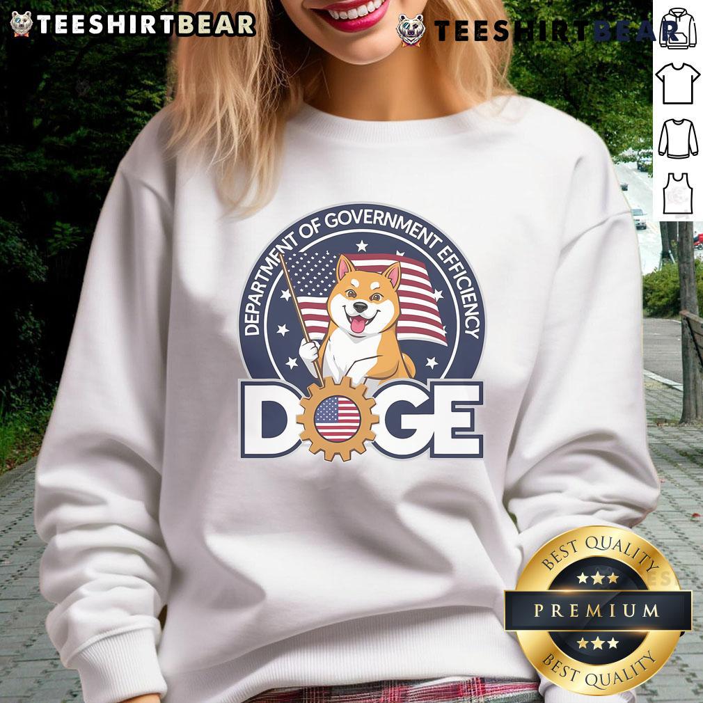 Funny Doge crypto meme sweatshirt highlighting government efficiency with a playful design and vibrant colors.