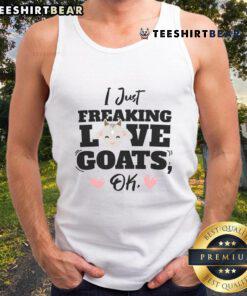 Funny farm life tank top for goat lovers featuring 'I Freaking Love Goats' design with playful goat graphics.