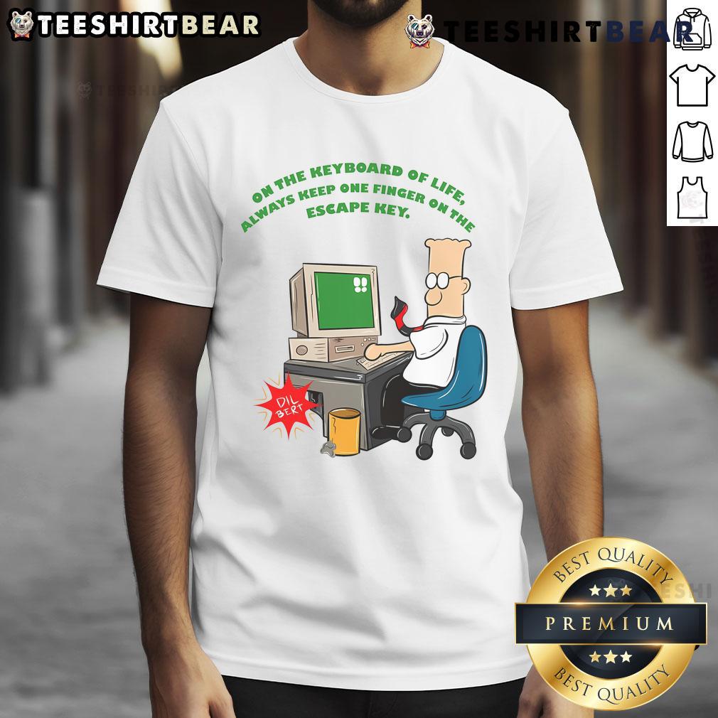 Funny 'Always Keep One Finger On The Escape Key' T-Shirt design featuring a playful keyboard graphic.