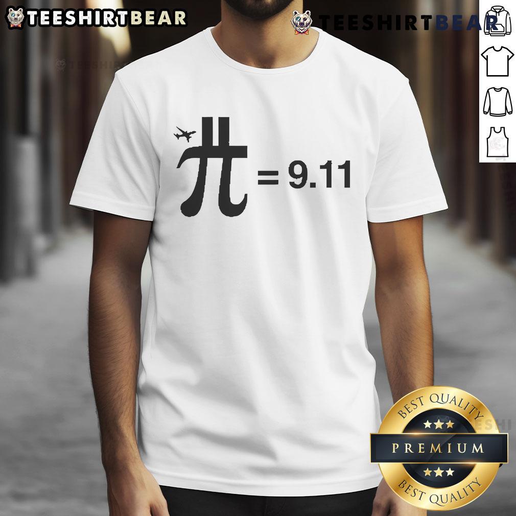 Funny Pi Plane = 9.11 T-Shirt featuring a humorous design combining mathematics and aviation themes for math enthusiasts.