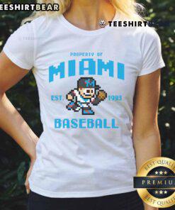 Funny Miami Marlins baseball tee, established 1993, in colorful 8-bit pixel art style for ladies.