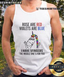 Funny unicorn tank top with 'Roses are red, violets are blue, I have 5 fingers' text, perfect for quirky fashion lovers.