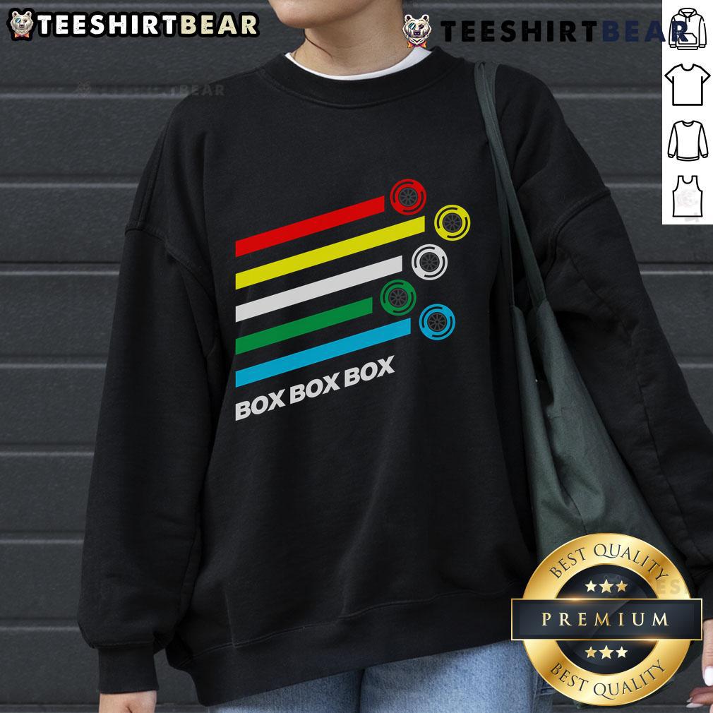 Good Box Box Box F1 Tyre Compound Options sweatshirt featuring vibrant graphics and a comfortable fit for racing fans.