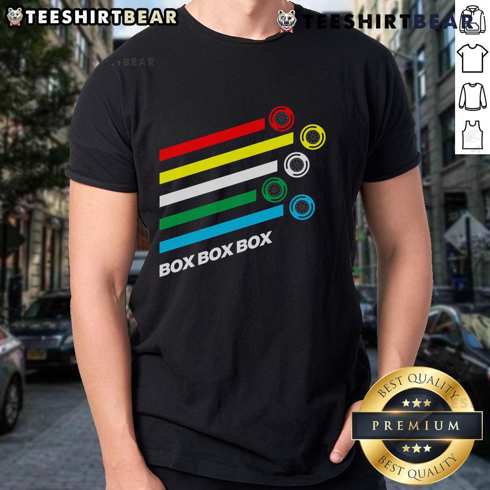 Good Box Box Box F1 Tyre Compound Options T-Shirt featuring colorful graphics and racing-themed design for F1 fans.
