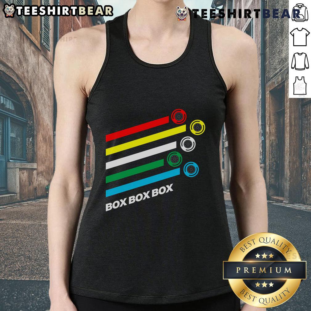 Good Box Box Box F1 Tyre Compound Options tank top featuring vibrant graphics and a sporty design for racing fans.