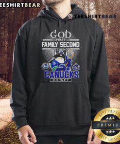 Alt Text: Good God First Family Second hoodie featuring Vancouver Canucks logo, perfect for hockey fans and stylish wear.