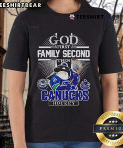 Good God First Family Second Tee featuring Vancouver Canucks Hockey design for ladies, stylish and sporty.