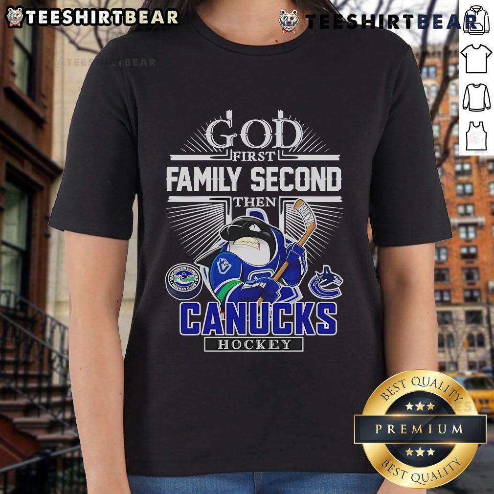 Good God First Family Second Tee featuring Vancouver Canucks Hockey design for ladies, stylish and sporty.