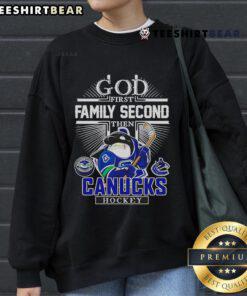 Good God First Family Second hoodie featuring Vancouver Canucks logo, perfect for hockey fans and casual wear.