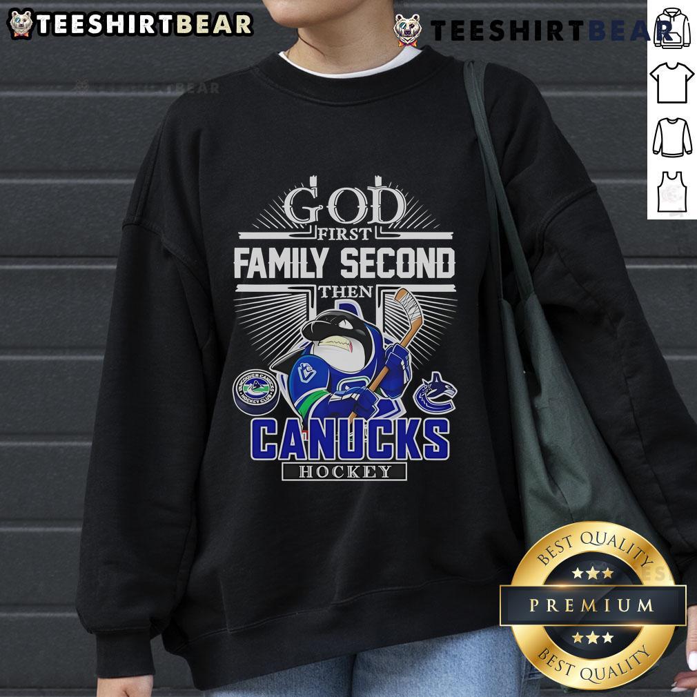 Good God First Family Second hoodie featuring Vancouver Canucks logo, perfect for hockey fans and casual wear.