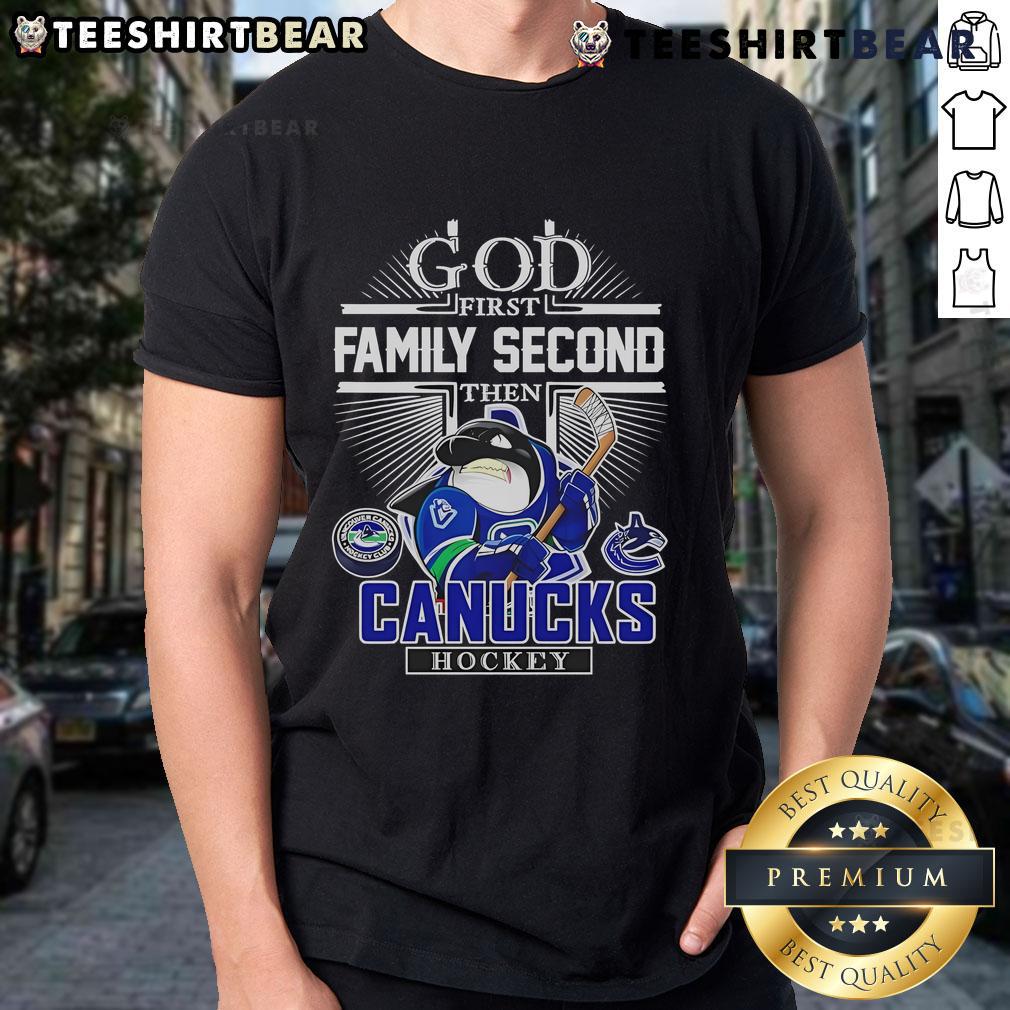 Good God First Family Second Vancouver Canucks Hockey T-Shirt featuring team logo and vibrant design for fans.