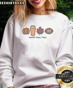Cozy Good Happy Fall Y'all sweatshirt in autumn colors, perfect for seasonal outfits and chilly days.