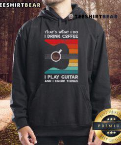 Retro hoodie design featuring 'Good, That's What I Do, I Drink Coffee, I Play Guitar' slogan, perfect for coffee and music lovers.