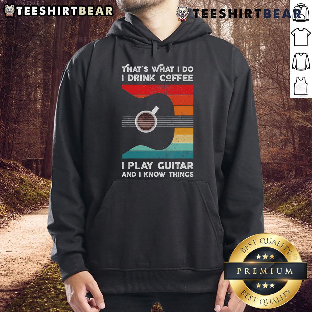 Retro hoodie design featuring 'Good, That's What I Do, I Drink Coffee, I Play Guitar' slogan, perfect for coffee and music lovers.
