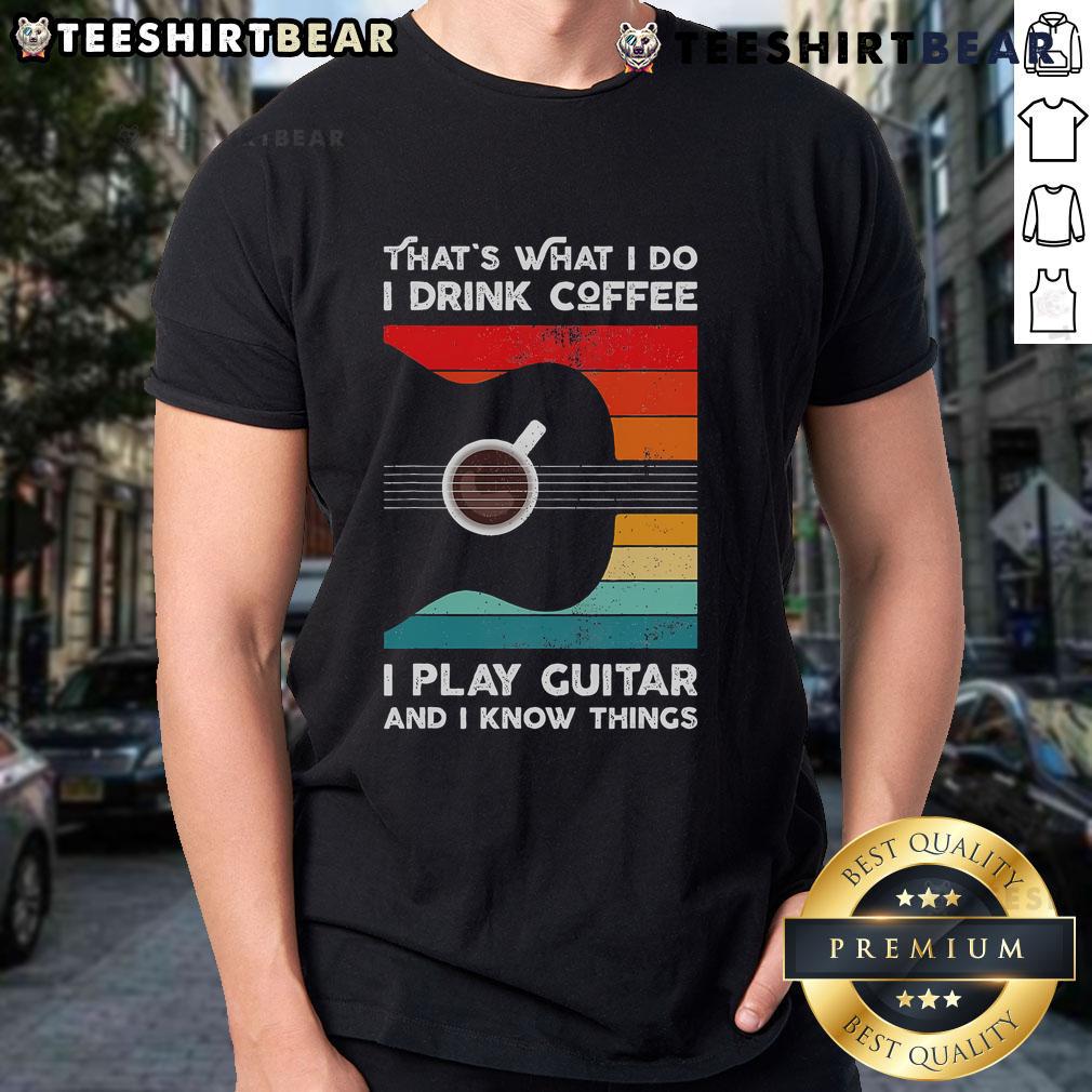 Retro T-shirt featuring 'Good Thats What I Do I Drink Coffee I Play Guitar' slogan, perfect for coffee and guitar lovers.