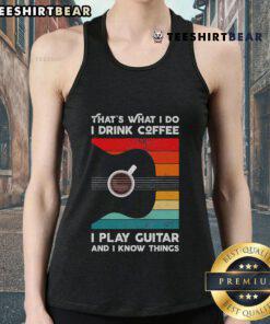 Retro tank top design featuring 'I Drink Coffee, I Play Guitar' slogan, perfect for music and coffee lovers.