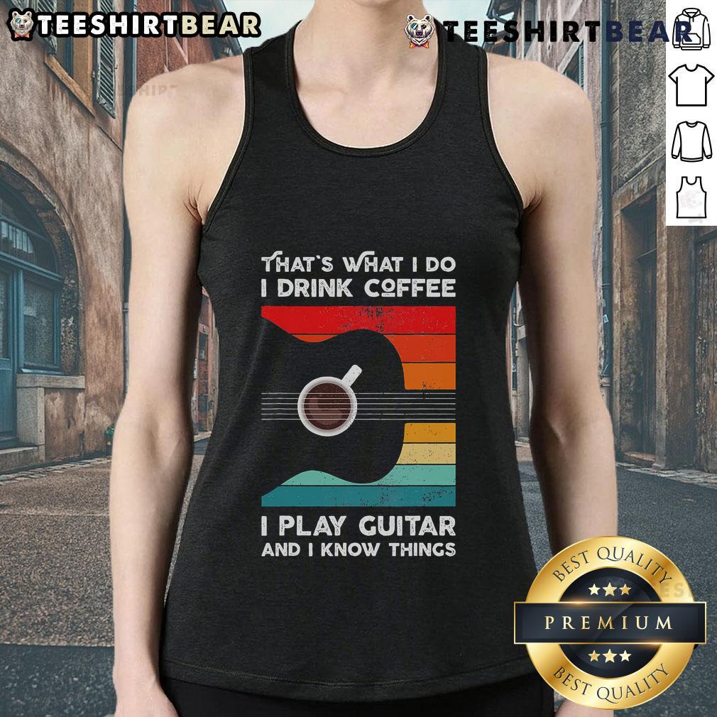 Retro tank top design featuring 'I Drink Coffee, I Play Guitar' slogan, perfect for music and coffee lovers.