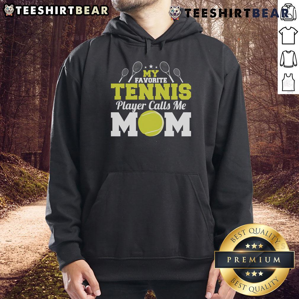 Mom wearing a 'My Favorite Tennis Player Calls Me Mom' hoodie, celebrating Mother's Day with a joyful smile.