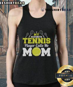 Mom wearing a 'Happy My Favorite Tennis Player Calls Me Mom' tank top, celebrating Mother's Day with joy and pride.