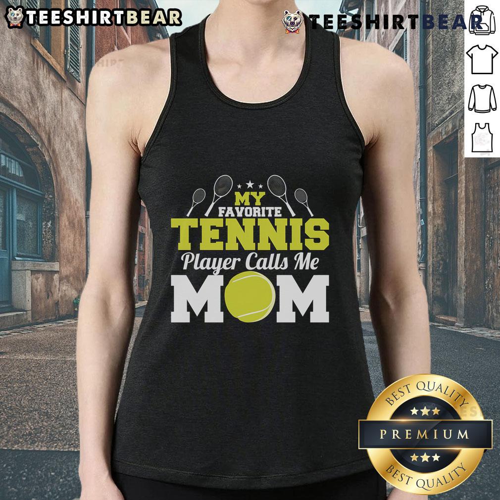 Mom wearing a 'Happy My Favorite Tennis Player Calls Me Mom' tank top, celebrating Mother's Day with joy and pride.
