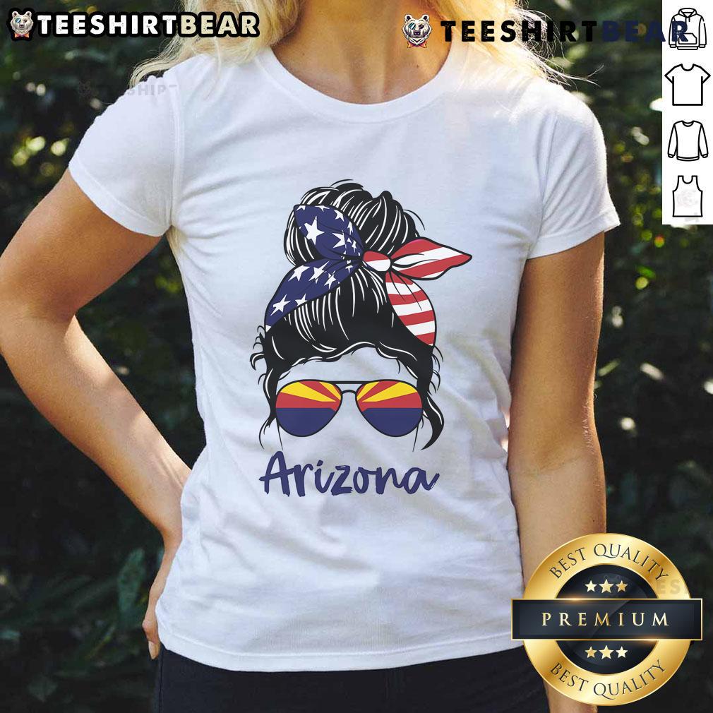 Hot Arizona messy bun with Arizona flag on a stylish ladies tee, perfect for summer outings and showcasing state pride.